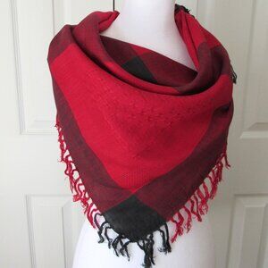 BEN GOODMAN India Made Red Black TARTAN Scarf 100% Rayon Preppy Vintage Fringed